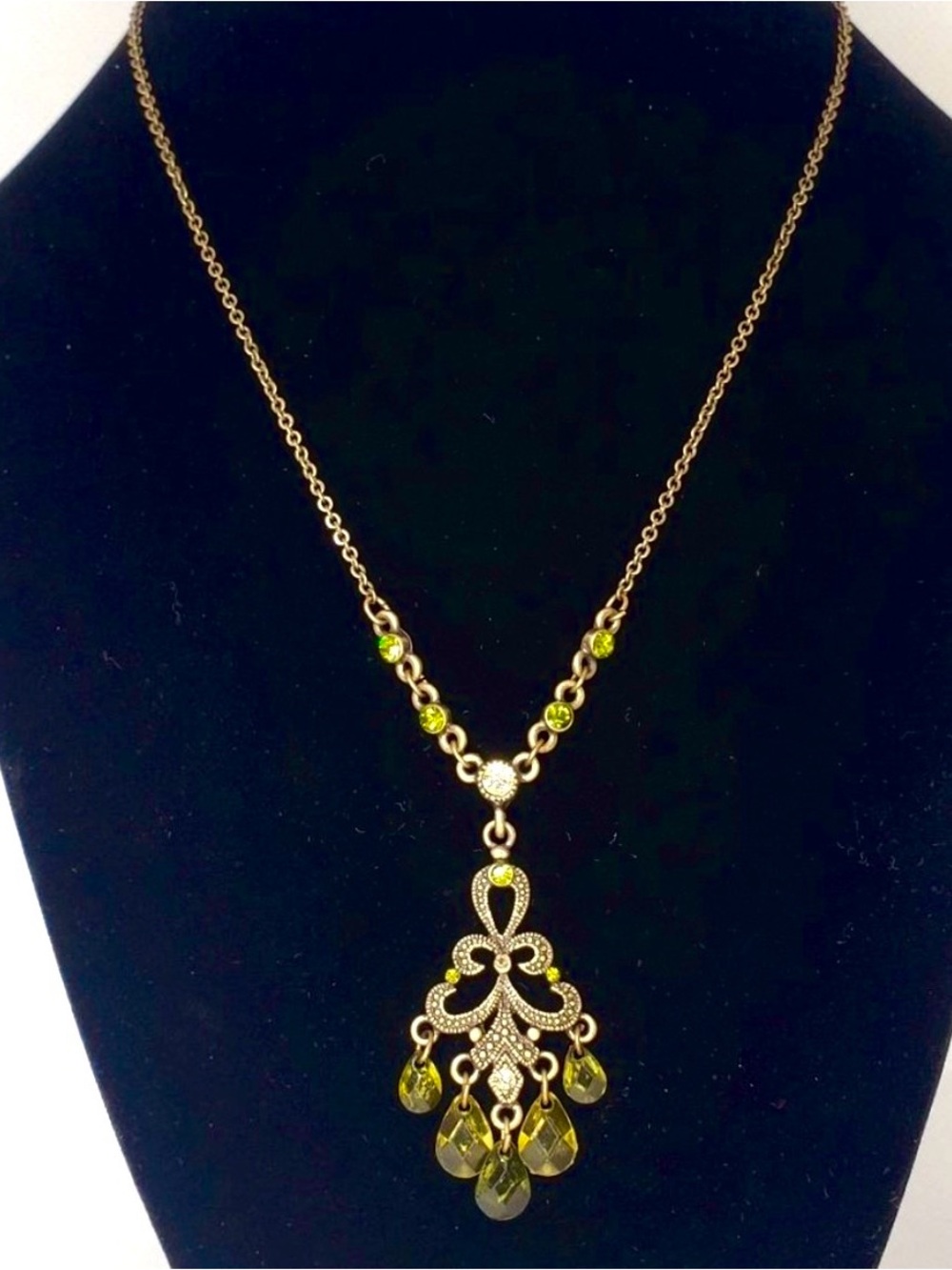 1928 Gold-tone Necklace with Olive Green Crystal Drops